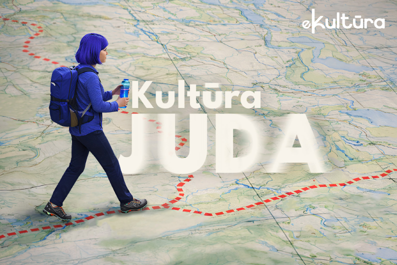 „Kultūra juda“ iliustracija: mergina eina žemėlapiu