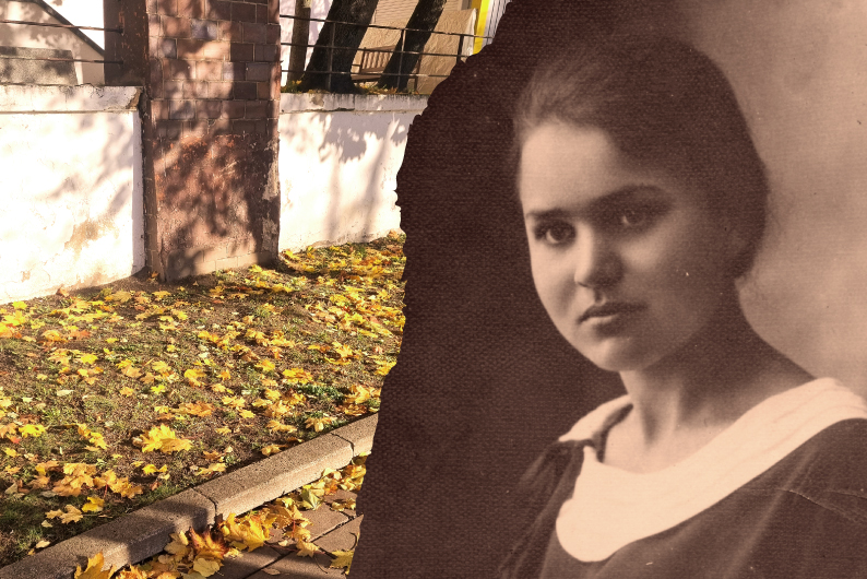 Renginio iliustracija. Koliažas. Kairėje šaligatvio ir nukritusių, geltonų klevo lapų nuotrauka. Dešinėje Salomėjos Nėries nuotrauka.